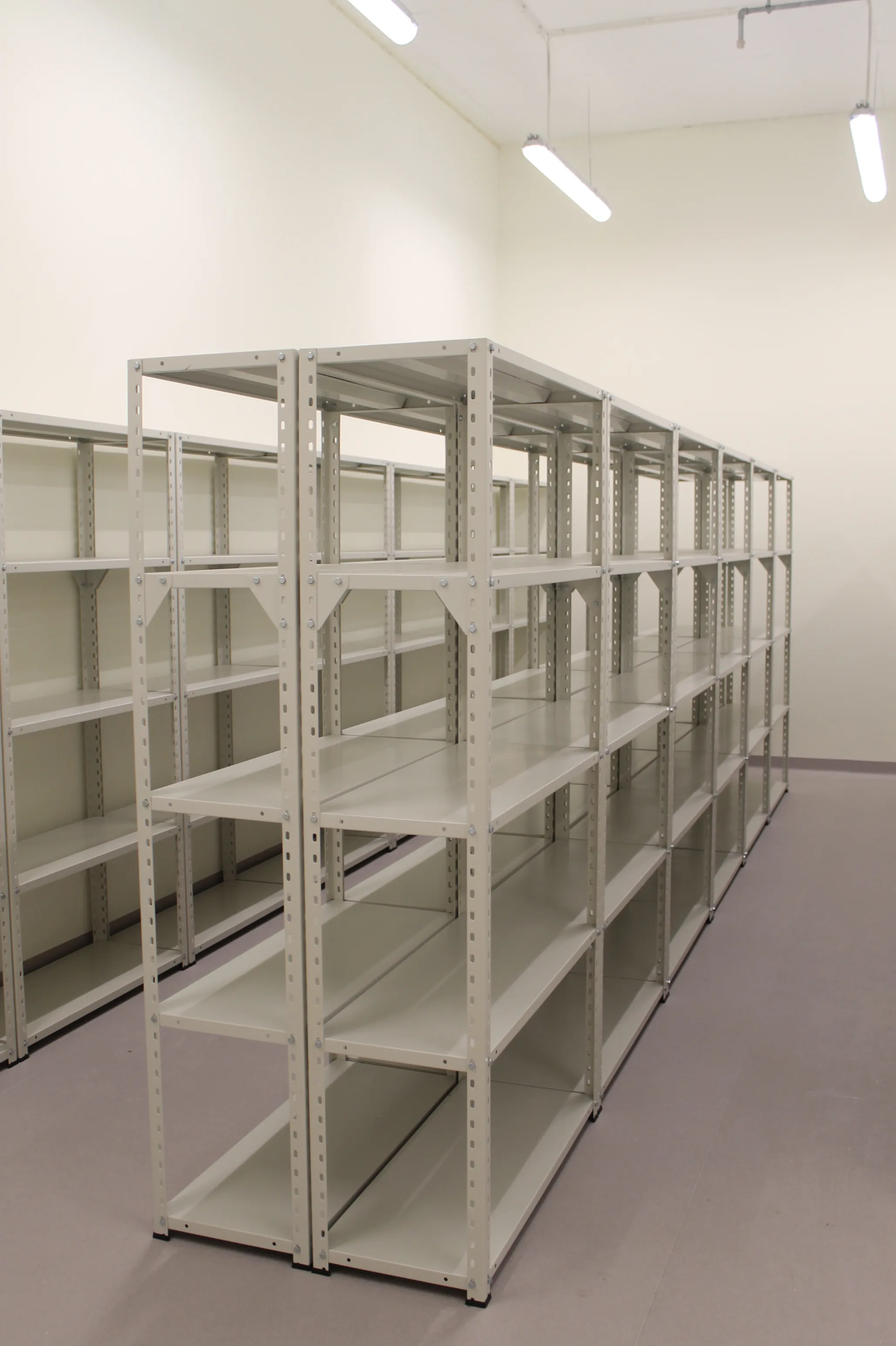 Metal warehouse shelving in an indoor space