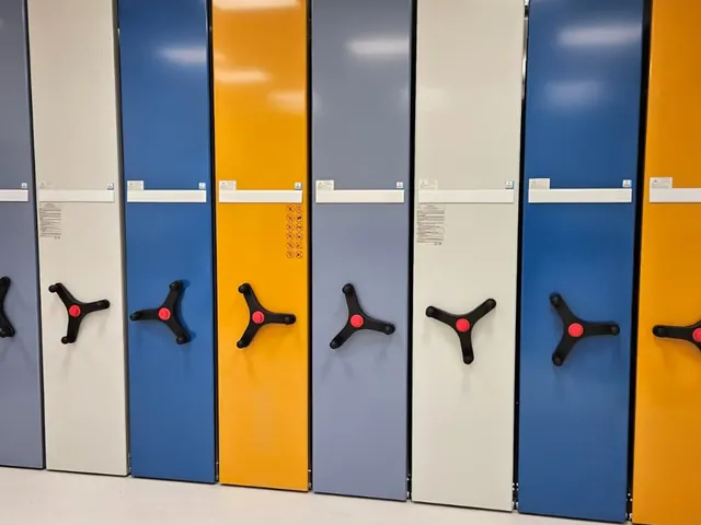 Colourful mobile shelving fronts