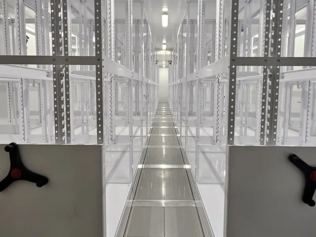 White mobile shelving in a tall installation