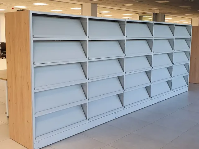 Low library shelves in a bright interior